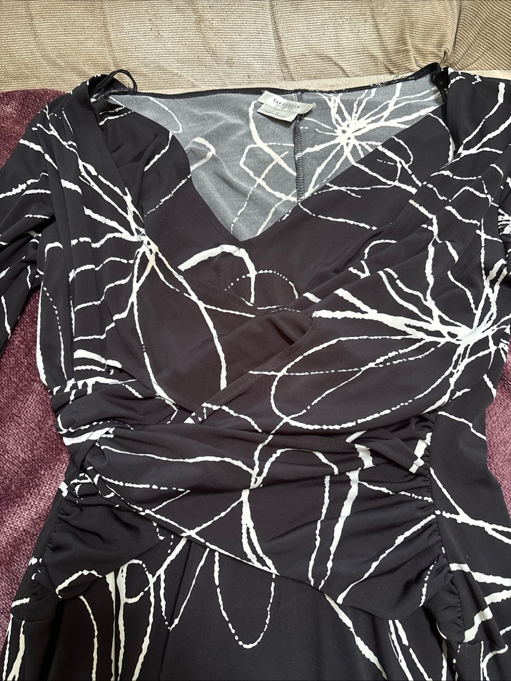 Van Heusen Black Midi Dress with White Abstract Floral Lines Size 14